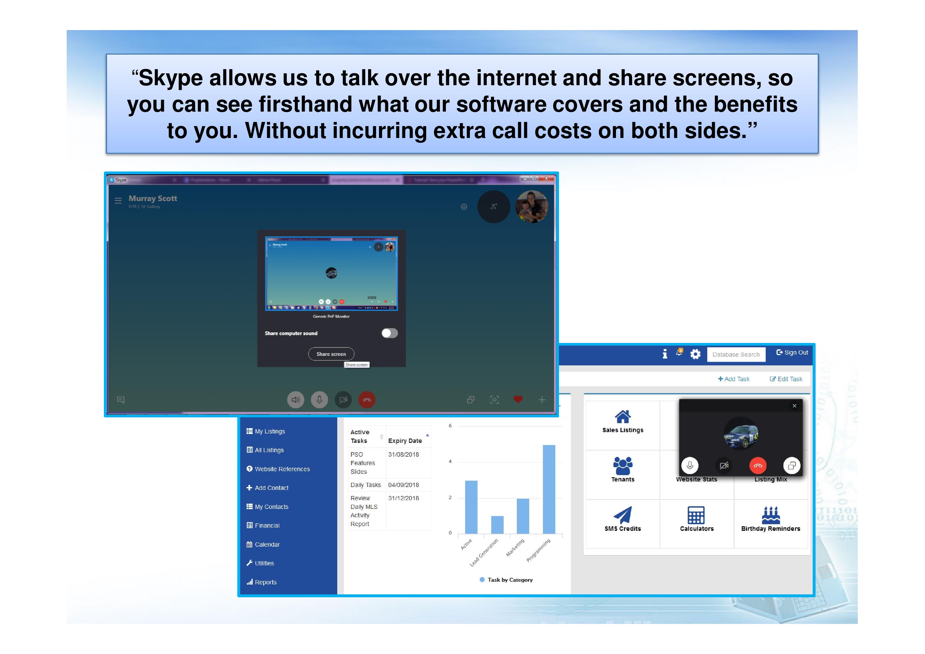 Skype allows us to talk over the internet and share screens.